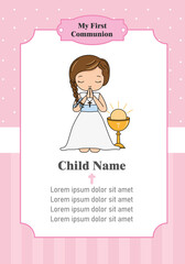 Card my first communion. Girl praying next to a chalice. Isolated vector