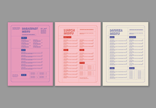 Menu Set Layout with Pink and Blue and Orange Accents