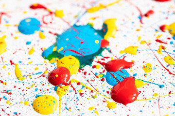 Blue,  yellow and red paint drops on white canvas. Ukrainian flag with blood concept .