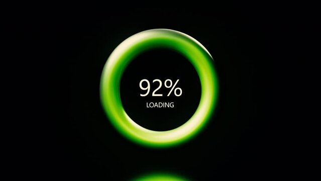 Black background. Motion. A green ring loaded in abstraction that runs up to a hundred percent green bright color.