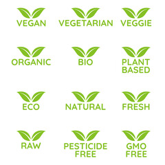 Icon set for sustainable products like healthy food, cosmetics, personal hygene.