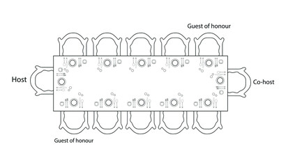 Hand-drawn Cutlery set with Plates, spoon, fork, knife, glass, cup on the table in American/ European style vector drawing illustration