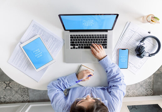 3 Devices Mockup Template Woman Works at Home