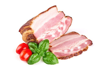 Smoked Pork Loin with slices, isolated on white background.