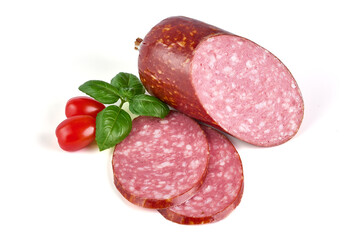 Smoked salami slices, isolated on white background.