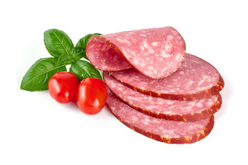 Smoked salami slices, isolated on white background.