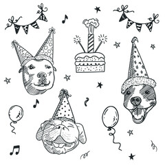 Hand-drawn cute dog wearing party hat with balloons cake vector illustrations