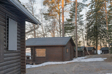 Finland Venesilta. April 3, 2022. Camping for tourists. Wooden houses. Winter landscape.