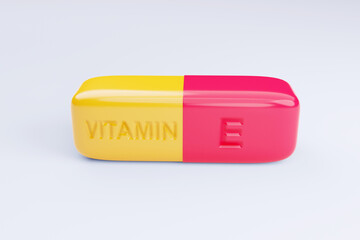 Vitamin E capsule, pink and yellow dragee with a concave inscription on a white background, 3d rendering