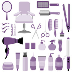 Hair styling tools kit set isolated on white background. Flat style accessories, shampoo, comb, hair curler, hairdryer, hair straightener, hairbrush, hairspray, mirror, hairpins ecc.