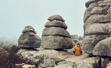 Woman young looking rock formation valley Torcal Antequera