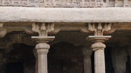 Close up shot of Krishna Mandapam columns at Arjuna's Penance Mahabalipuram