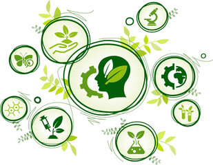 Environmental science vector illustration. Green concept with icons related to green tech or agritech, bioengineering, gmo research, biohacking, eco science, environmental innovation, biochemistry.