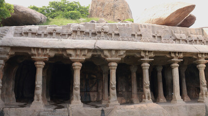 Close up shot of Krishna Mandapam columns at Arjuna's Penance Mahabalipuram