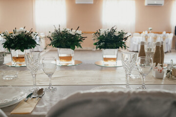 Table decoration for a special occasion - white plates and green plants. Eco/nature friendly decoration. 