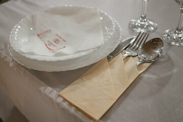 Table decoration for a special occasion - white plates and green plants. Eco/nature friendly...