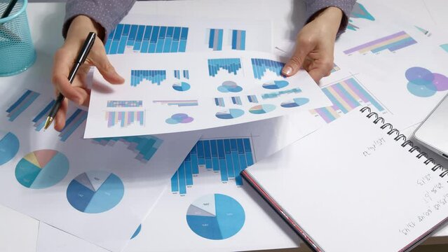 A business woman holds statistical data and charts of financial reports in her hands.