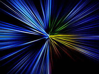 Abstract surface of blur radial zoom in blue, green, yellow colors on a black background. Bright colorful background with radial, diverging, converging lines