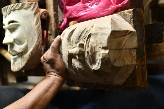 Closeup of a traditional mask in a workshop in tuxpan Jalisco Mexico