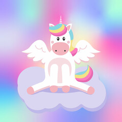 cute unicorn sitting in a cloud, rainbow background