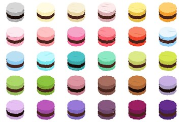 Hand-drawn macarons, colorful chalk set on the white background.