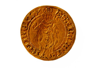Closeup shot of a Dutch middle age gold coin on white background