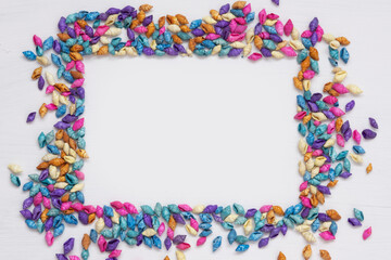 Multicolored seashells, top view. Background and texture. The concept of vacation, travel to the sea