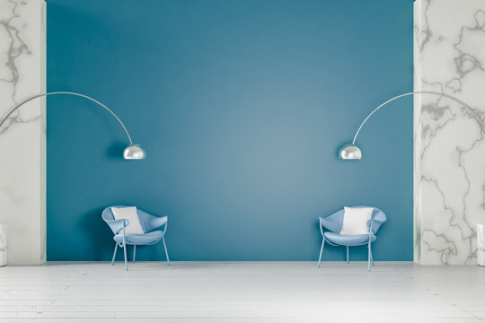 3d Illustration Of Blue Home Interior With Armchair And Lamp, White Wooden Floor