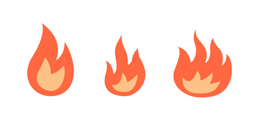 Set of fire flame icons. Symbol of bonfire, fire, danger warning. Design element, pictogram. Flat vector illustration isolated on white background