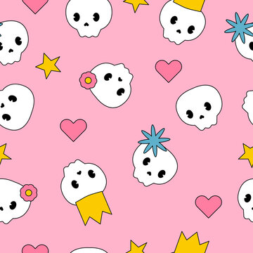 Halloween seamless pattern with cute kawaii skulls on pink background. Cartoon characters with flowers, crowns, hearts and stars. Vector illustration.