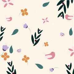 Spring banner with flowers bird and butterfly on pastel background