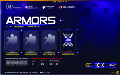 Online video game interface in a modern ski-fi cyberpunk style screen panel. Menu template and game interface set (buttons, progress bar, resource icon and game fields) HUD, UI/UX Vector illustration © Jonson Jack