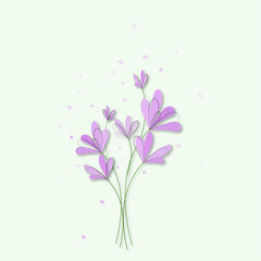 Floral composition with purple crocus flowers "Spring season" for wallpaper, cover, notebook and poster. Abstract floral wall art. Wall decor set with flowers and leaves.