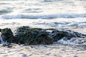 Ocean Rock - Tide comes in and covers a couple of large rocks in the tidal zone with lovely blue water flowing through the small cracks with a slight reflection of the colourful sunset in the water