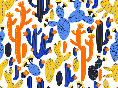 Vector seamless pattern with cactus on black and white geometric background. Summer plants, flowers and leaves. Natural floral bright design. Botanical illustration.