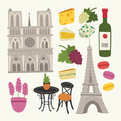 Traditional symbols of France, food and architecture. French cuisine. Paris landmarks: Eiffel Tower, Notre Dame Cathedral. Vector illustration: cheese, macaron, lavender, wine, grapes.