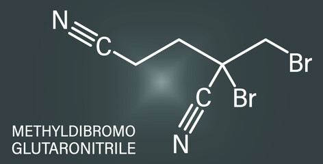 Methyldibromo glutaronitrile preservative molecule. Common allergen causing allergic contact dermatitis. Skeletal formula.
