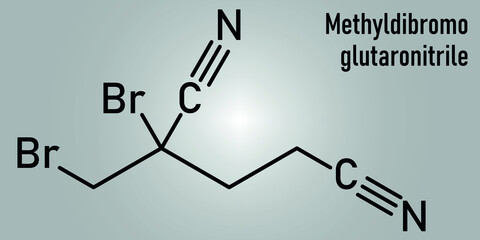 Methyldibromo glutaronitrile preservative molecule. Common allergen causing allergic contact dermatitis. Skeletal formula.