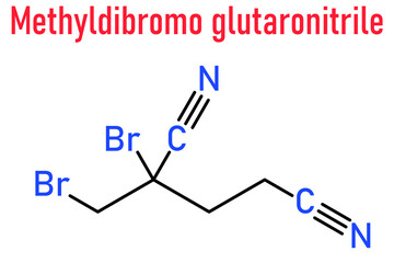 Methyldibromo glutaronitrile preservative molecule. Common allergen causing allergic contact dermatitis. Skeletal formula.