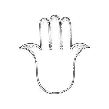 Hand of Fatima line art. Palm with five fingers. Protective sign of the ancient religion. Symbol of divine power. Prayer sign. Amulet from the evil eye. Hand drawn vector illustration. Gods hand.