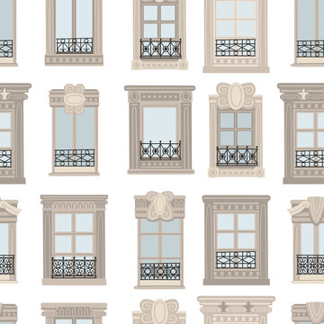 Flat vector illustration with traditional Paris window. Seamless pattern. Postcard from France. Architecture elements clipart. Background with french facade.