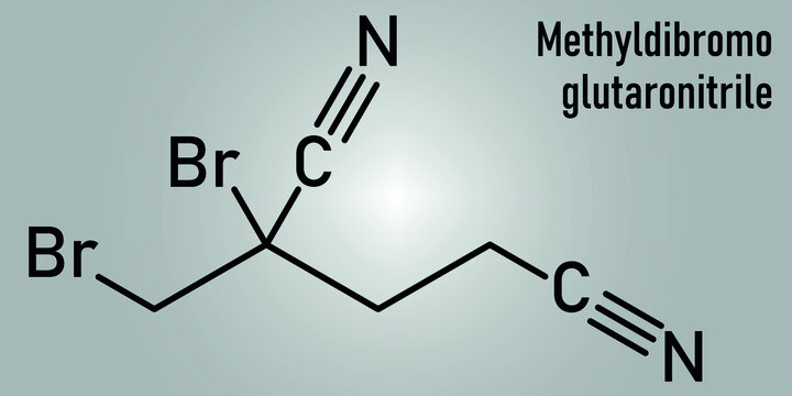 Methyldibromo glutaronitrile preservative molecule. Common allergen causing allergic contact dermatitis. Skeletal formula.