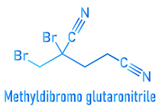 Methyldibromo glutaronitrile preservative molecule. Common allergen causing allergic contact dermatitis. Skeletal formula.