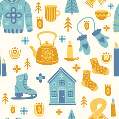 Seamless pattern in scandinavian style with house, sweater, skates, gloves, scarf, tree, candle, socks, branch, cup. Folk art. Vector nordic background with illustrations. Home decorations.