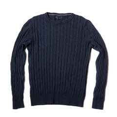 cable knitted blue men's sweater on white background