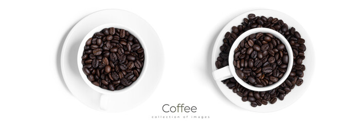 White cup with coffee beans isolated on a white background.