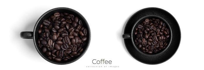 Black cup with coffee beans isolated on a white background.
