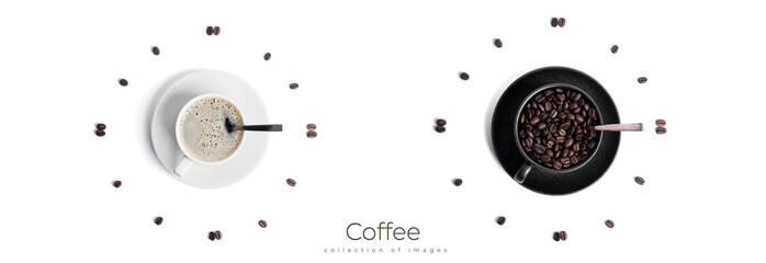 Clock of white cup and coffee beans isolated on a white background.
