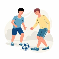 Two boys or teenagers play football, happy men playing soccer in the park isolated on white. Vector trendy illustration