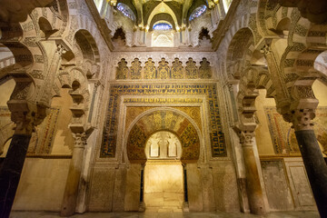 Medieval moorish architecture, colorful walls with ornament in old mosque in Cordoba with no people, Andalusia, Spain